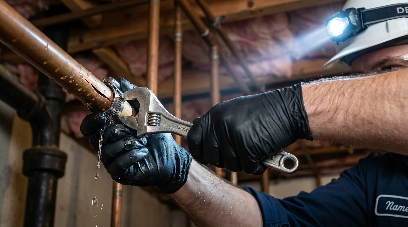 Emergency pipe clamp repair being performed by a Johns Plumbing LLC plumber in Elkin
